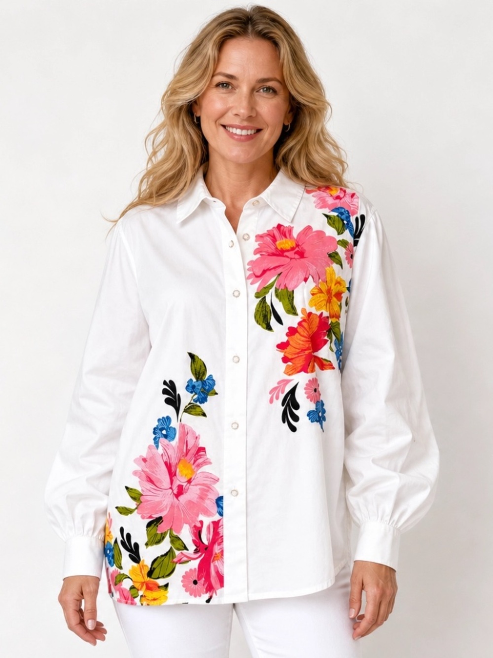 JM Collection Floral Button Front Blouse L NWOT 100% Cotton